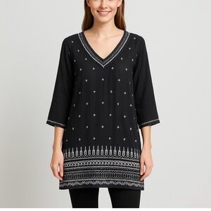 Johnny Was navy blue embroidered tunic